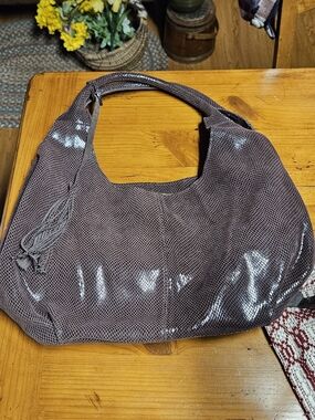 Textured Matallic Dark Purple Shoulder Hobo Bag with Tassel Accent
